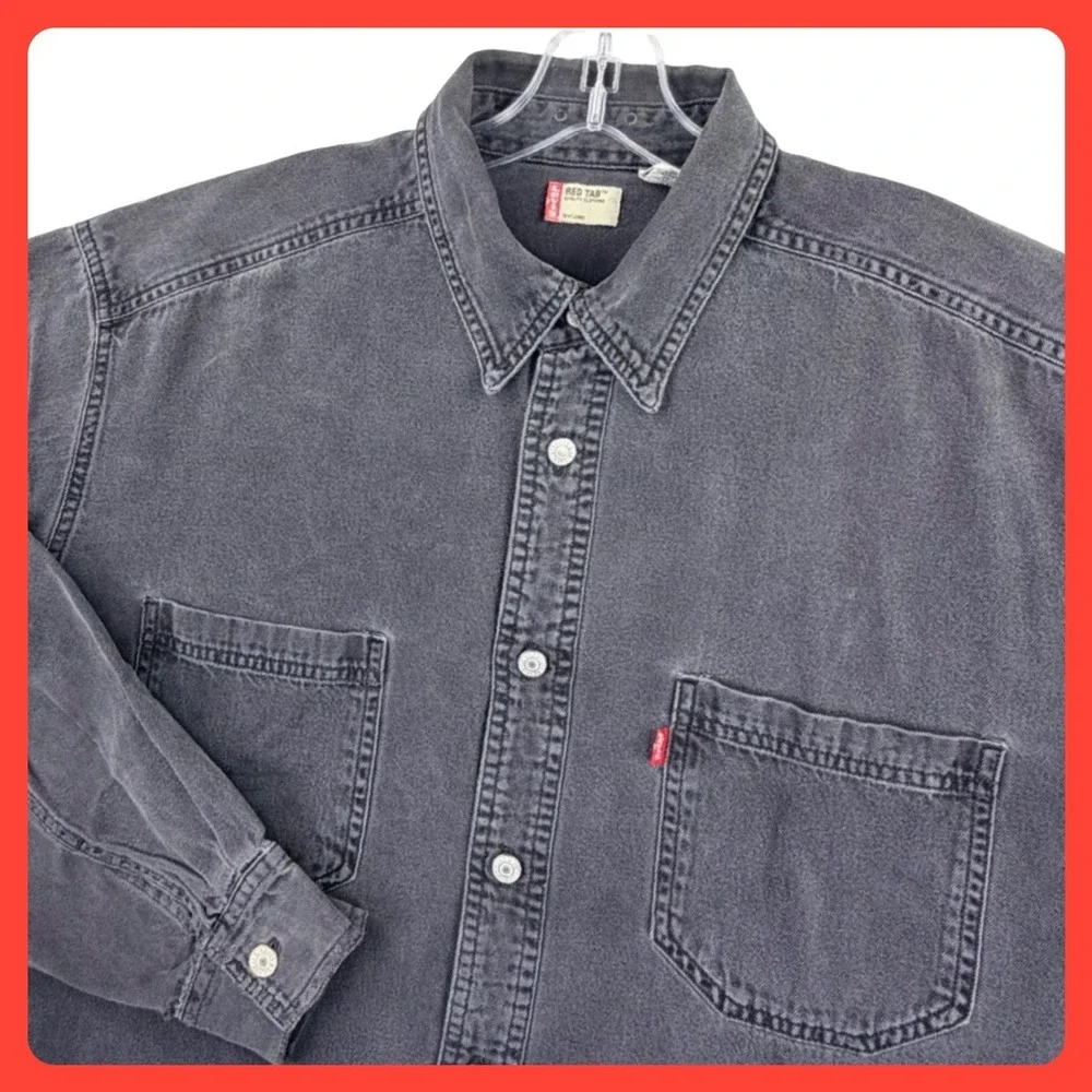 Levi's Red Tab Denim Shirt Men LARGE Blk Gray Metal Button Workwear Y2K Vintage
